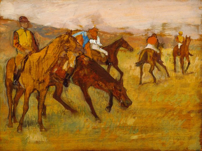 'Before The Race' by Edgar Degas, Oil on panel, (H) 26.4 cm (10.4 in). (W) 34.9 cm (13.7 in)